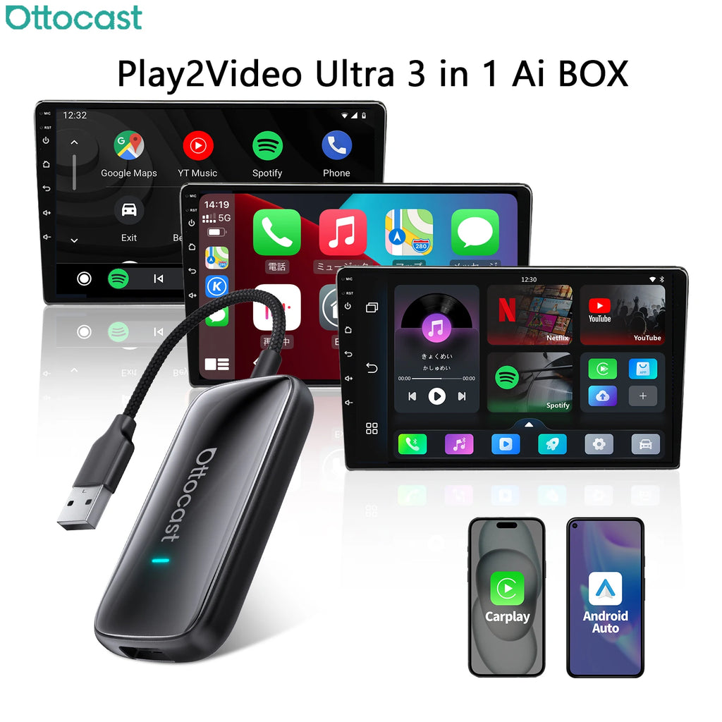OTTOCAST Play2Video Ultra Video Box 3 in 1 Wireless CarPlay Android Auto Adapter Built-in Youtube Netflix IPTV for 98% of Cars