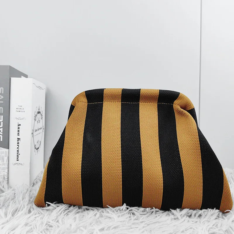 Summer Beach Clutch Purses for Women Crochet Woven Ruched Dumpling Hobo Bag Striped Color Evening Handbag Pool Knit Clutch