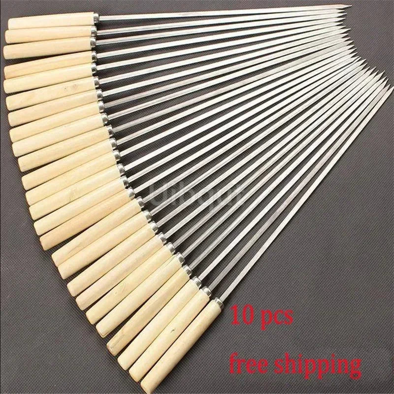 Flat Barbecue Stick BBQ Roasting Needle With Wooden Handle Brochette Tong Kebabe Skewers Stainless Steel Roasting Tools