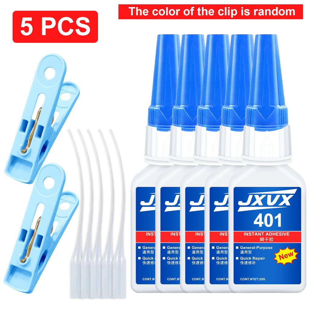 New and updated 401 super acrylate adhesive, instant drying in 5 seconds, waterproof, good stability, full bonding tool. Suitable for wood, plastic, ceramics, metal, rubber and so on.