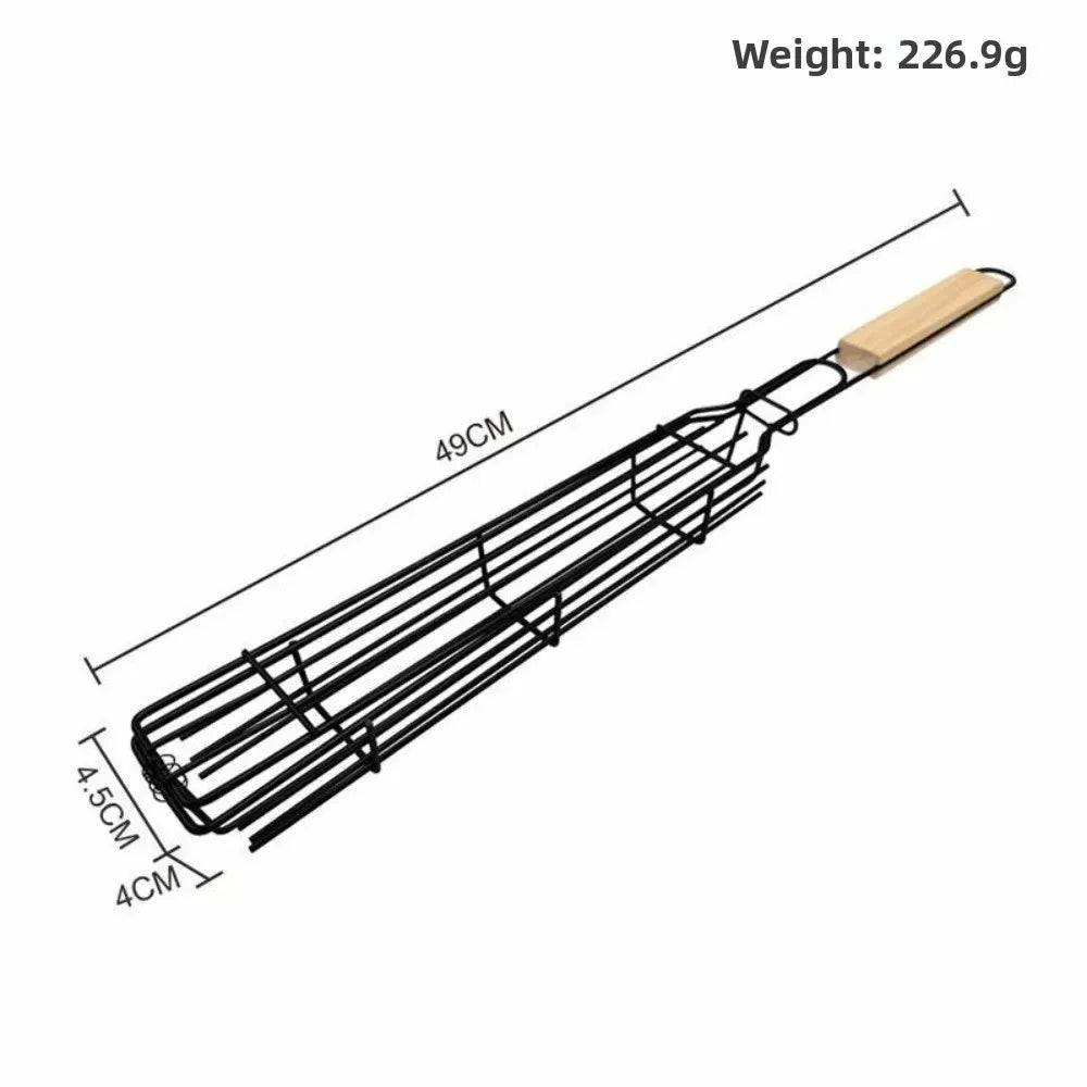 Camping Grill Grate Foldable BBQ Grill Basket Duty Non Stick Mesh Tray Wooden Handle Accessories for Sausage Fish Vegetables BBQ