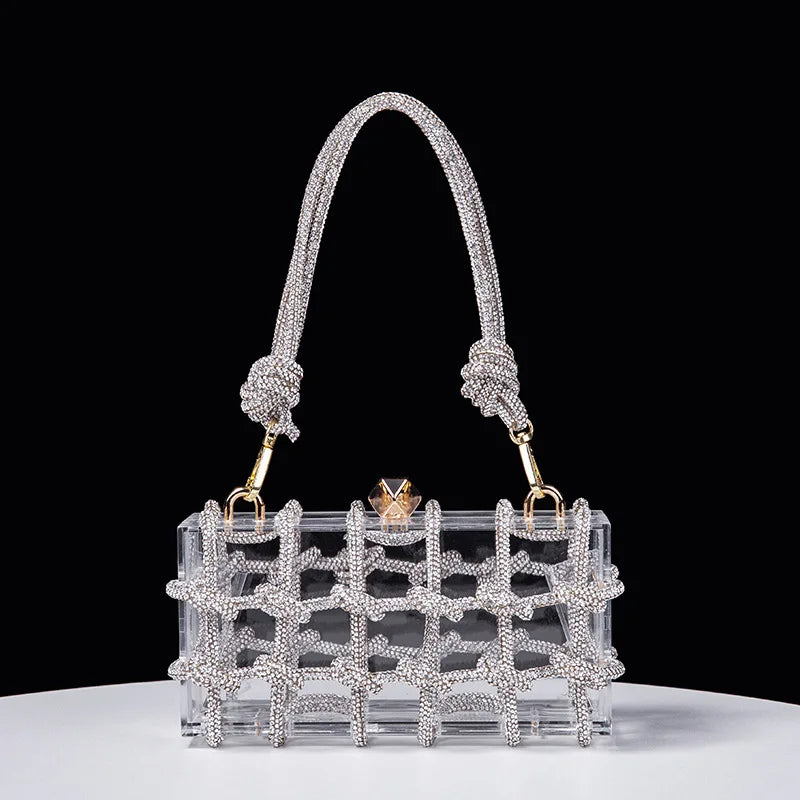 New Diamond Clear Acrylic Box Evening Clutch Bags Women Boutique Woven Knotted Rope Rhinestone Purses And Handbags Wedding Party