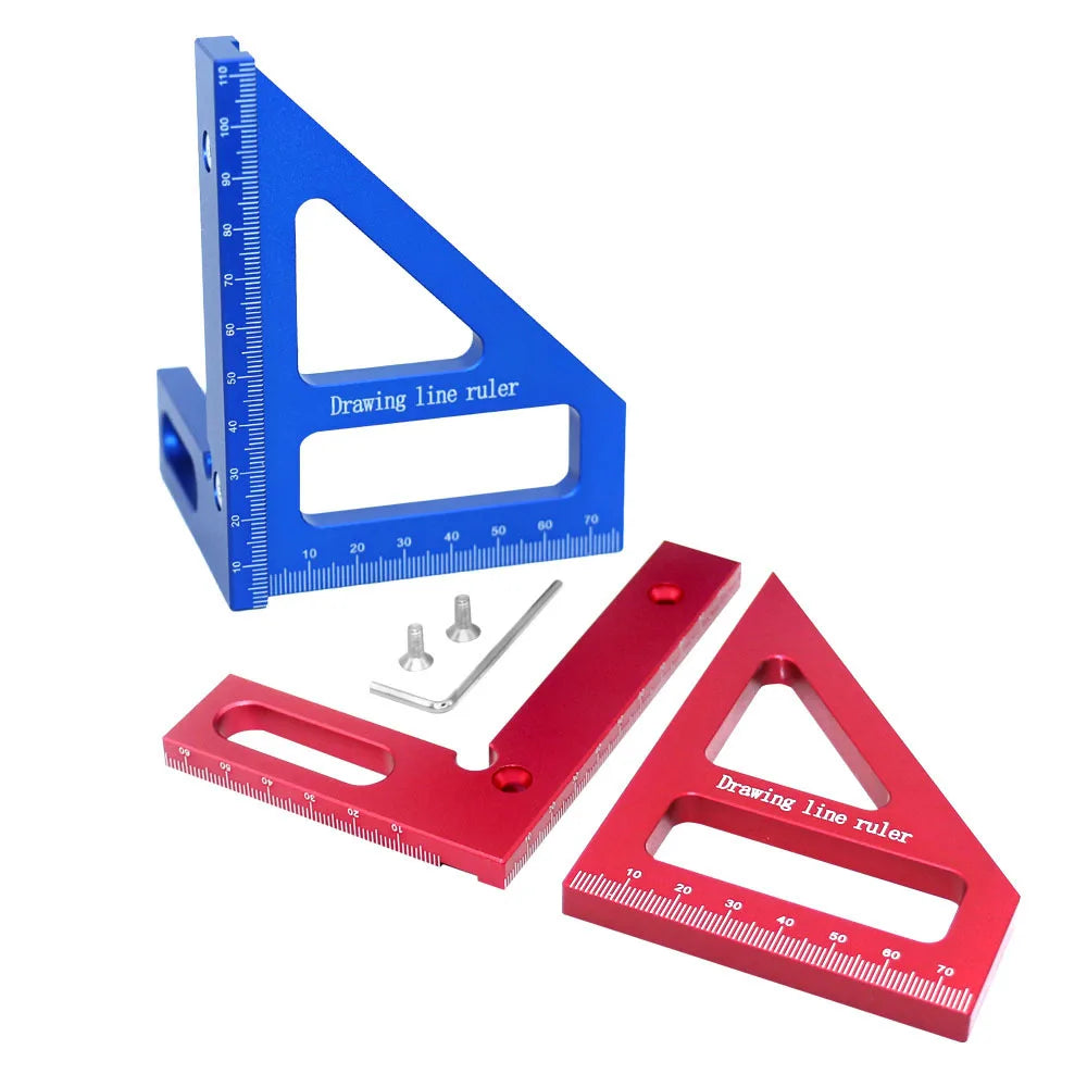 Aluminum Alloy Red Miter Triangle Ruler 45°/90° Woodworking Square Protractor - 3D Multi Angle Layout Measuring Tools
