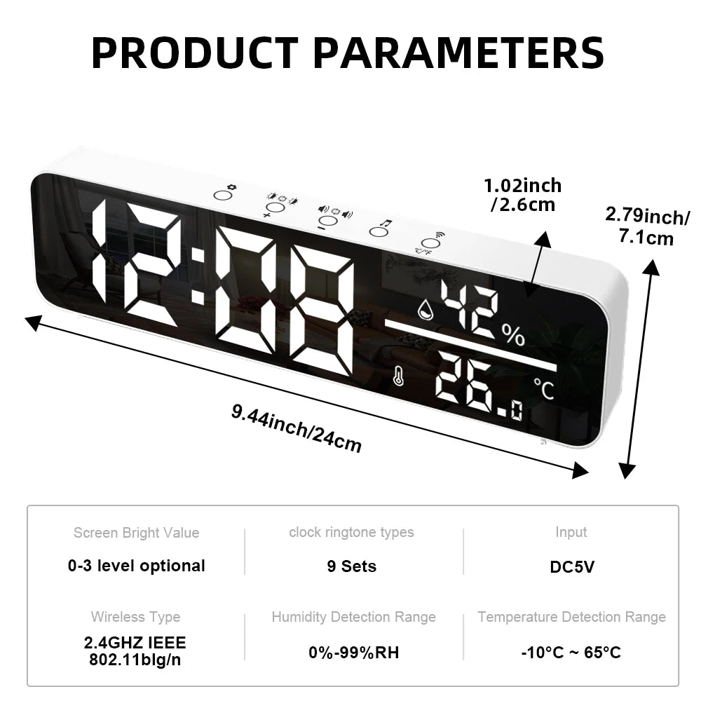 Tuya WiFi Mirror LED ClocksSupport Temperature Humidity Sensor Time Display USB Desktop Alarm Clock for Living Room Decoration
