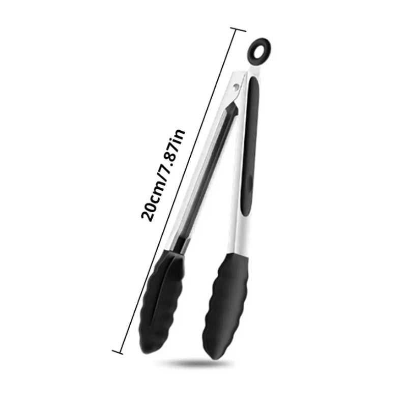1 Pc Black Silicone Food Tongs, Stainless Steel Food Tongs Outdoor BBQ Clamps For Camping Kitchen Tongs For Baking Steak