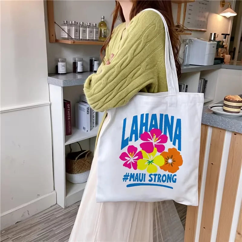 Lahaina Maui Strong Hibiscus Flower Canvas Tote Bag Tropical Hawaii Floral Letter Print Reusable Shoulder Bag For Women