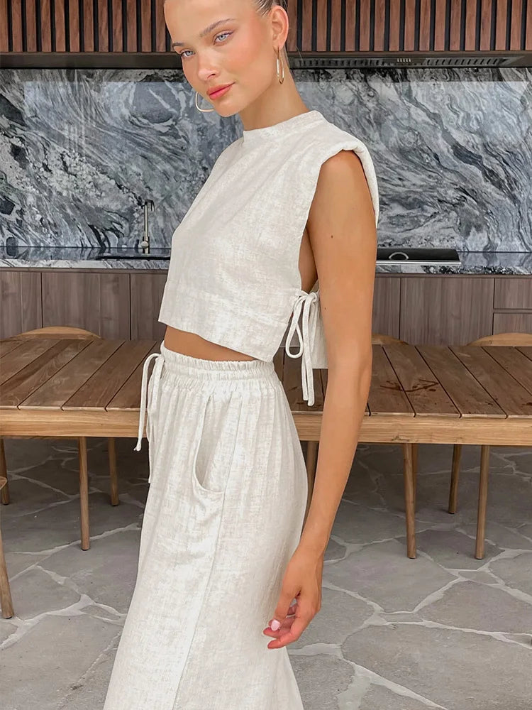 Spring Summer 2025 Women Holiday Linen Pant Set Crop Tops Solid Outfits 2 Two Piece Matching Set For Women