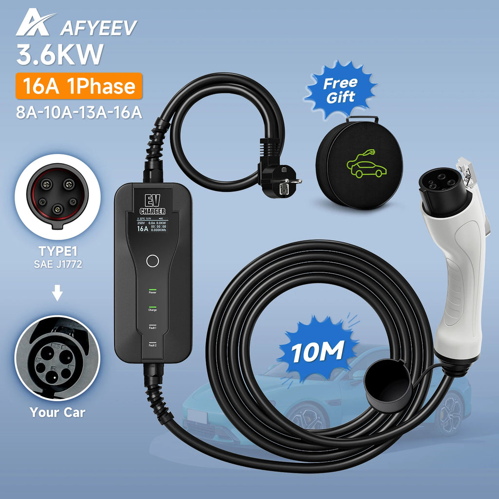 AFYEEV 16A 3.6kw 5m Type2 Type1 EV Charger Portable GBT Electric Vehicle Charger EVSE Charging Cable Safety and Reliable Wallbox