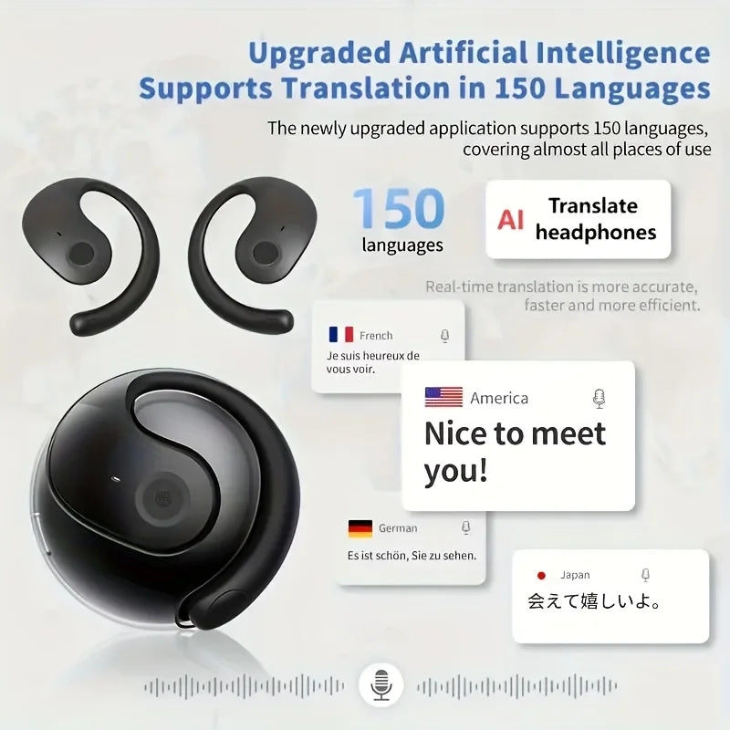 Wireless Bluetooth AI Real-time Language Translation Earphones 144 Languages Ear Hanging Headphone Translator For Business 2026
