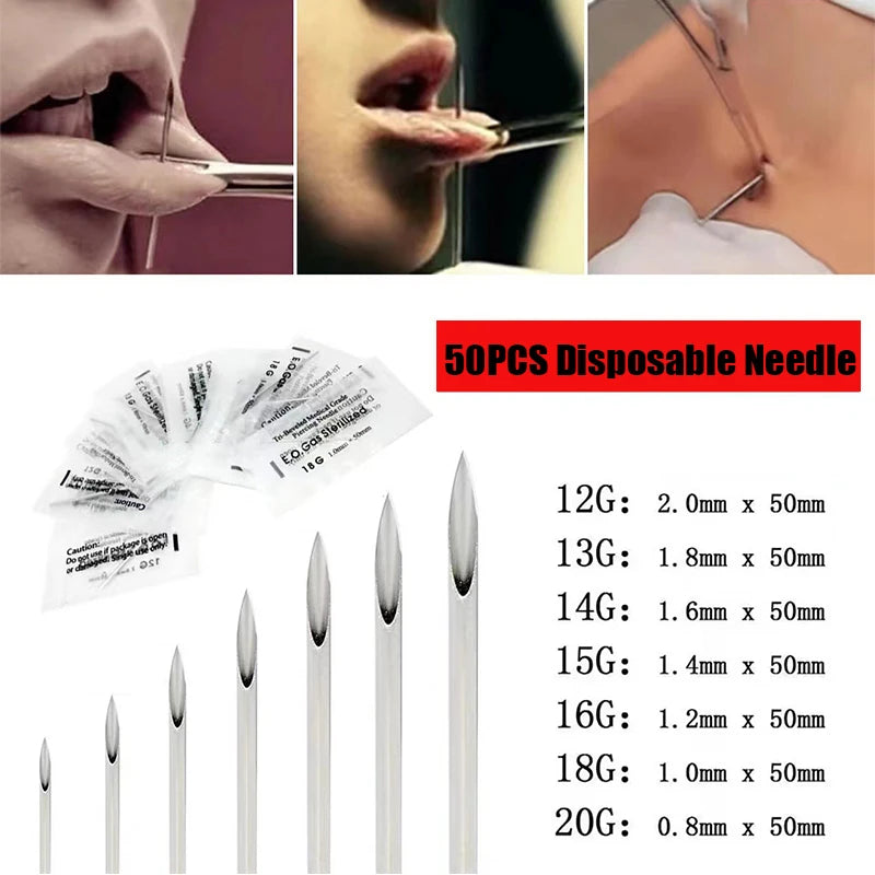 50PC Piercing Jewelry Accessories Sterile Puncture Needle Nose Stud Lip Nail Tool Disinfection Bag Containing Disposable Needle