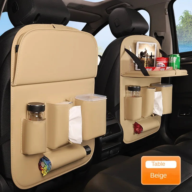 Car Seat Back Organizer With Foldable Table Tray Leather Auto Backseat Hanging Tissue Cup Holder Pockets Trash Can Bin Storage