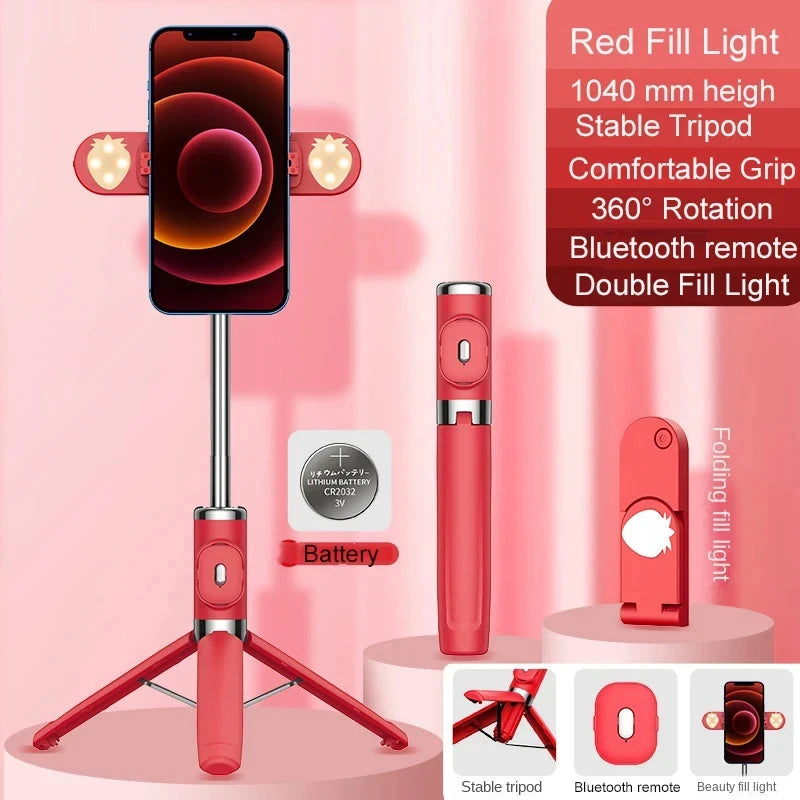 M01S Selfie Stick with Tripod Remote Control Wireless Bluetooth-Compatible Retractable Double Fill Light for IOS Android IRO