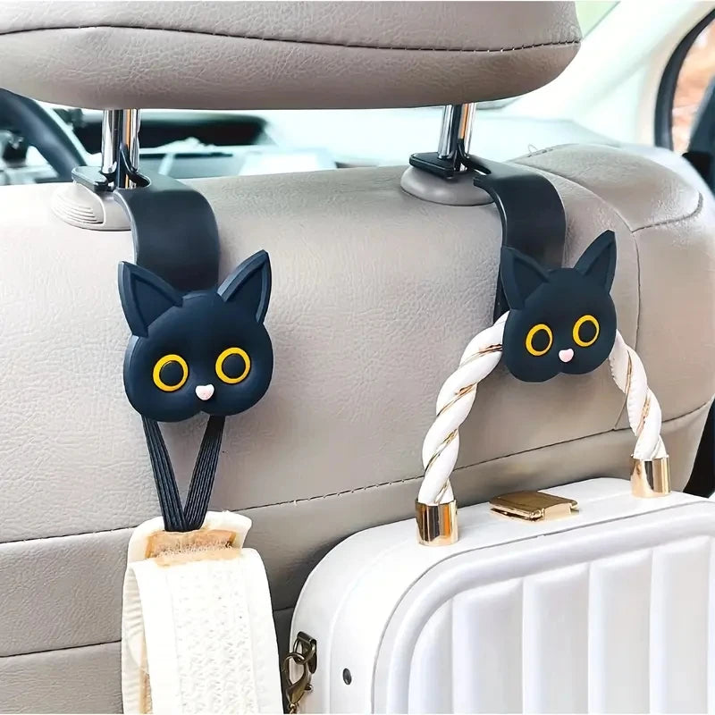 Creative 2pcs Adorable 3D Cartoon Cat Car Seat Headrest Hooks - Universal Vehicle Storage Organizer For Handbags Purses Coats
