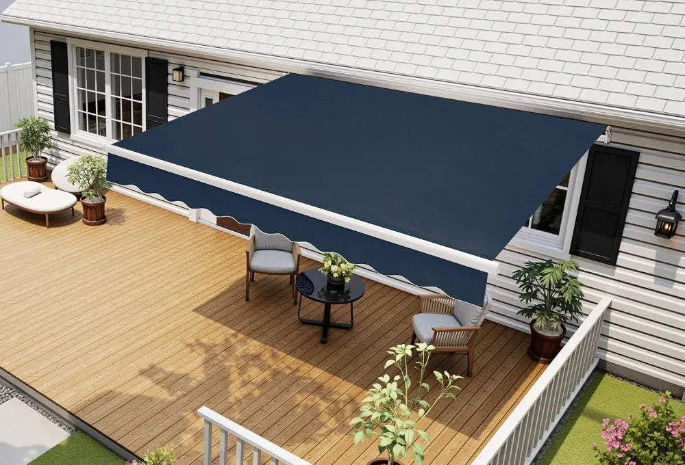 9.9x7.8FT Manual Retractable Patio Awning Sunshade Canopy Dark Blue