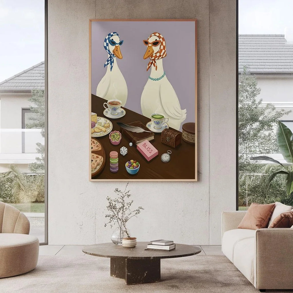 Duck Wine Party Art Print, Quirky Animal Poster, Retro Wall Art with Ducks and Wine, Fun Dining Room or Kitchen Decor