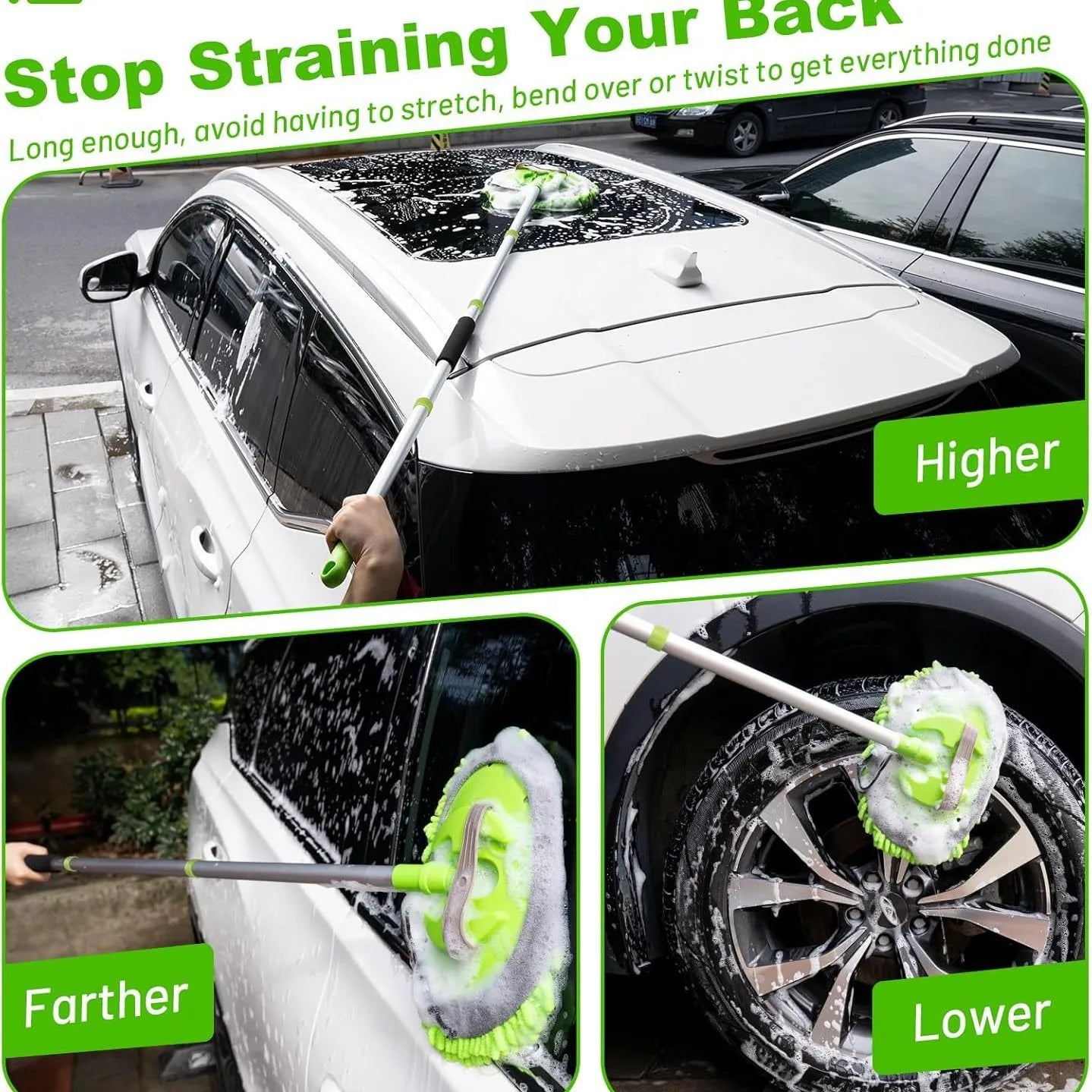 1 Set of Green Car Wash Mop with Attachable Brush Head, Extra-Long Car Cleaning Mop, Chenille 4-Section Detachable Mop, Also Suitable for Household Cleaning, Multifunctional Cleaning Mop