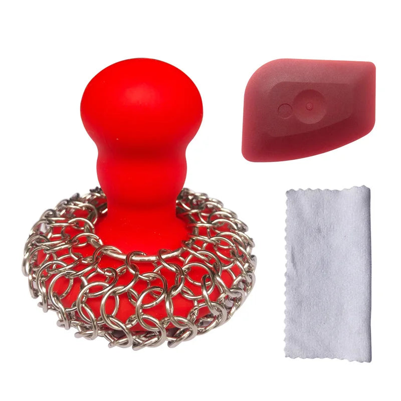 Chainmail Scrubber with Silicone Handle Cast Iron Cleaner for Cast Iron Grill Pan Skillet Wok Bakeware Cast Iron Scrubber