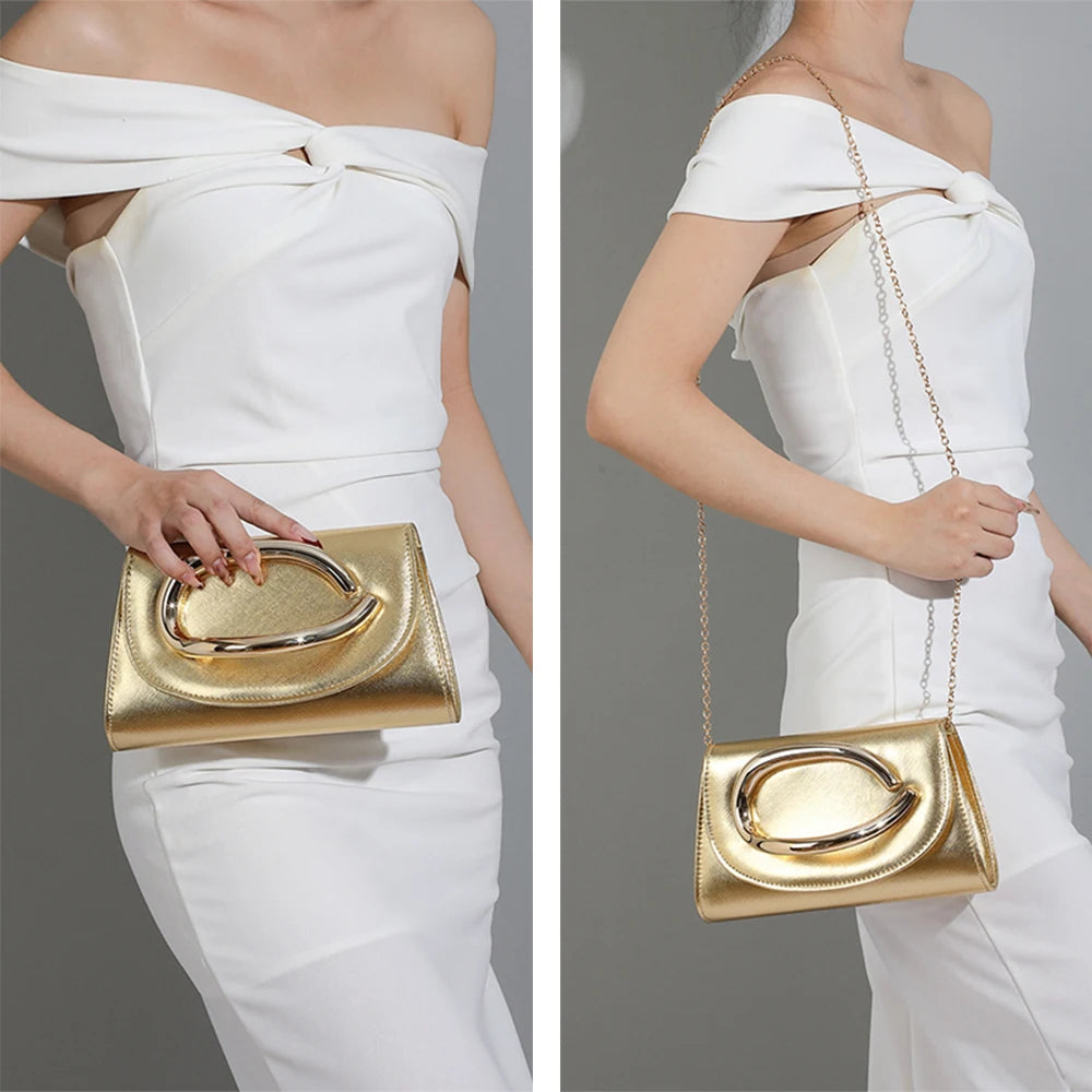 Women's Elegant Metallic Evening Clutch Bag, Luxury Party Purse, Crossbody Handbag With Chain Strap For Wedding Prom Banquet