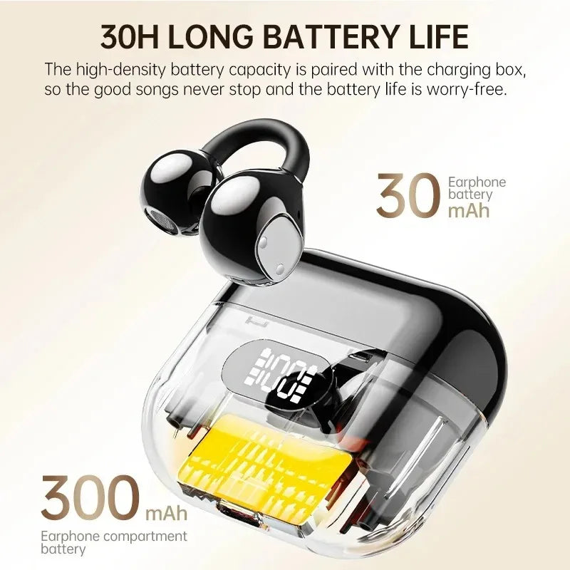 Wireless Bluetooth Earbuds Open Ear Headphones Stereo Sound Clip on Earbuds With 30H Playback Clear Calls Touch Control