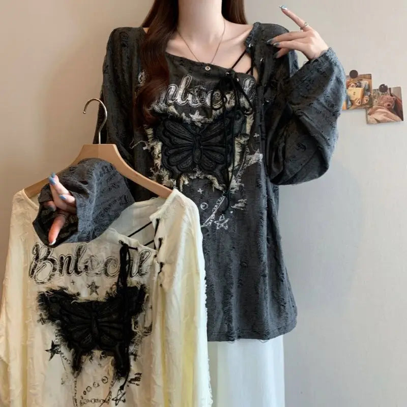 Large size women's clothing spring and autumn wrinkled hole design butterfly pattern drawstring irregular collar long sleeve top