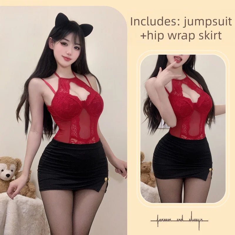 New Wrapped Hip Skirt Tight-fitting Hot Sleeveless Flirtatious Lace Mesh See Through Hollowed Out Neckband Tie Lingerie Jumpsuit