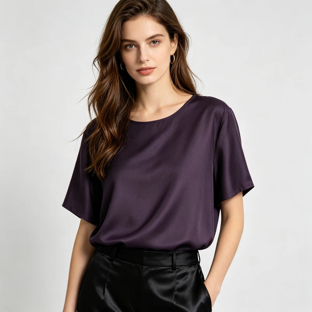 Plus Size Women's Casual Summer New Purple 100% Natural Mulberry Silk Twill Silk Skin Friendly Round Neck Short Sleeved T-shirt