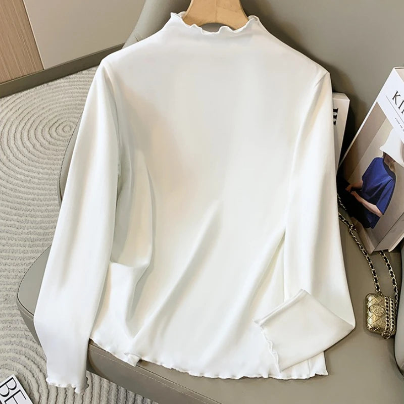 Inner Wear Autumn Winter Fleece Lined Fashion Big Size Tops 2026 Plus Size Women's Long Sleeve Turtleneck Velvet Base T-shirt