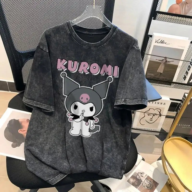 Kuromi Summer New T-Shirt Men and Women American Retro Washed Cotton Loose Distressed Short-Sleeved T-Shirt Tops Cartoon Print
