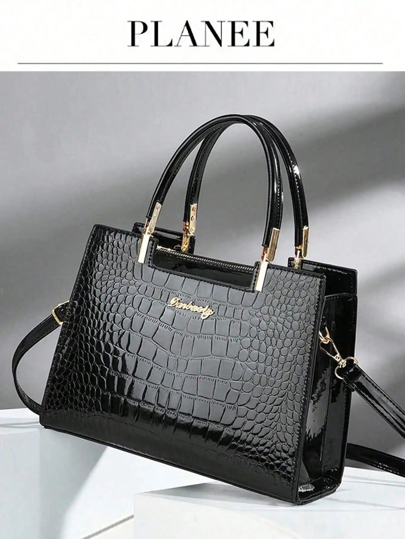 Elegant Crocodile Pattern Shiny Leather Crossbody & Top Handle Handbags, Luxury Business Casual Women Bags, Fashion Office Shoulder Bag, Creative Moth