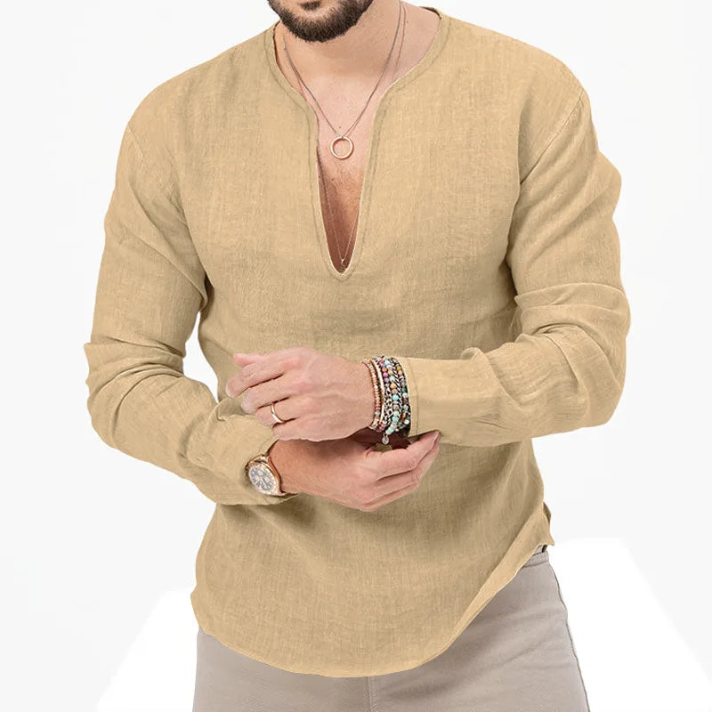 2026 Henry Linen Long Sleeve T-Shirt Men's Slim Fit Solid Color European and American Large Size Deep V-Neck Top Men