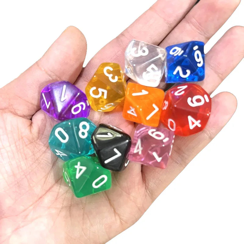 10pcs 10 Sided Dice D10 Polyhedral Clear transparent Dices for Board Games 0-9 Number 18mm RPG Dice Family Dice