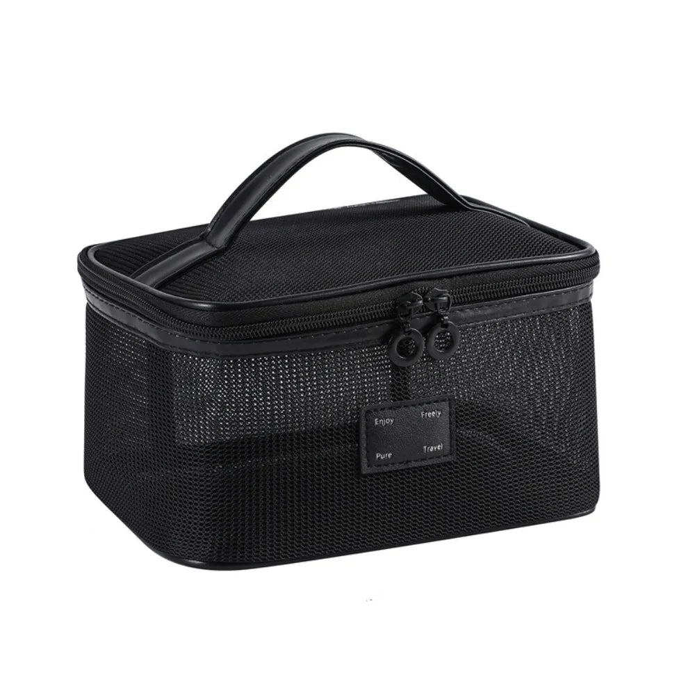 Portable Mesh Handheld Makeup Bag Square Lightweight Storage Toiletry Bag Zipper Large Capacity Transparent Mesh Cosmetic Bag