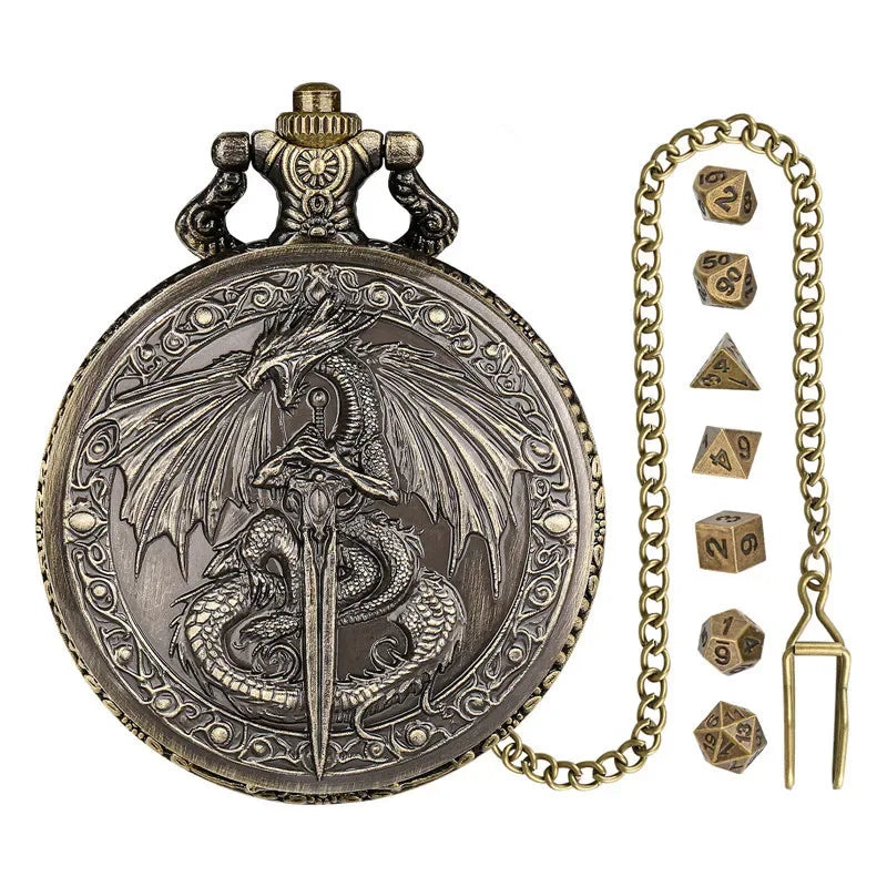 Flying Dragon Pocket Watch Case Pendant Chain 7-Piece Set Micro DND Metal Polyhedral Dice