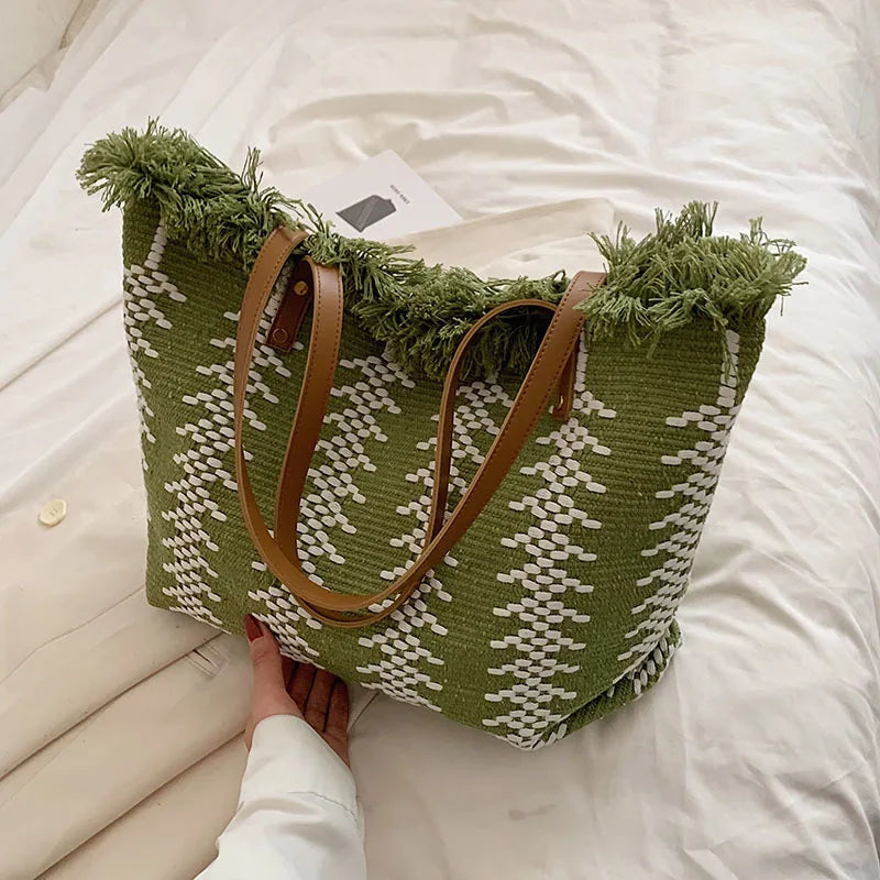 Women's 2026 New Tassel Knitted Canvas Handbag Versatile Multi in One Commuter Shoulder Bag Retro Lazy Style Casual Tote Bag