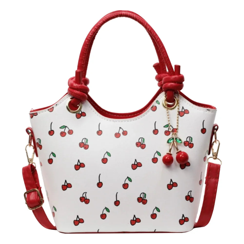 PU Leather Bucket Cherry Printed Crossbody Bag for Women Trendy Top-handle Bag Stylish Small Tote Handbag with Adjustable Strap