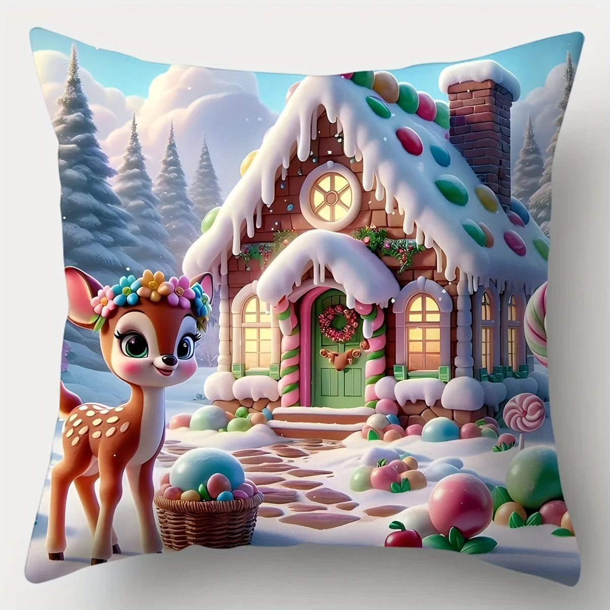 4-piece Candy House themed decorative pillowcase set, featuring gingerbread house and cute deer patterns, with zipper closure