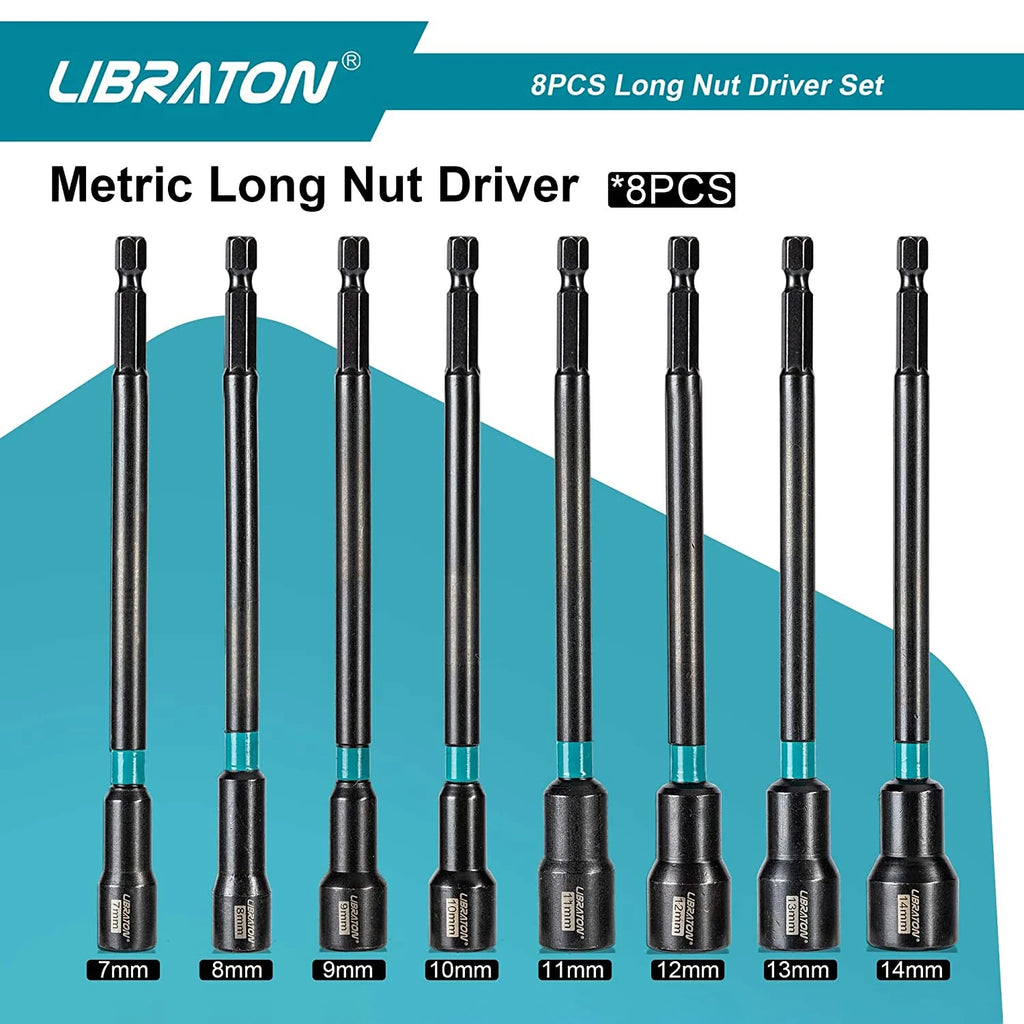 LIBRATON 8PCS Magnetic Nut Driver Set, Nut Drivers 6", Metric / SAE Nut Drivers, Shank Nut Driver Bits, 1/4"Hex Shank, Long Bits