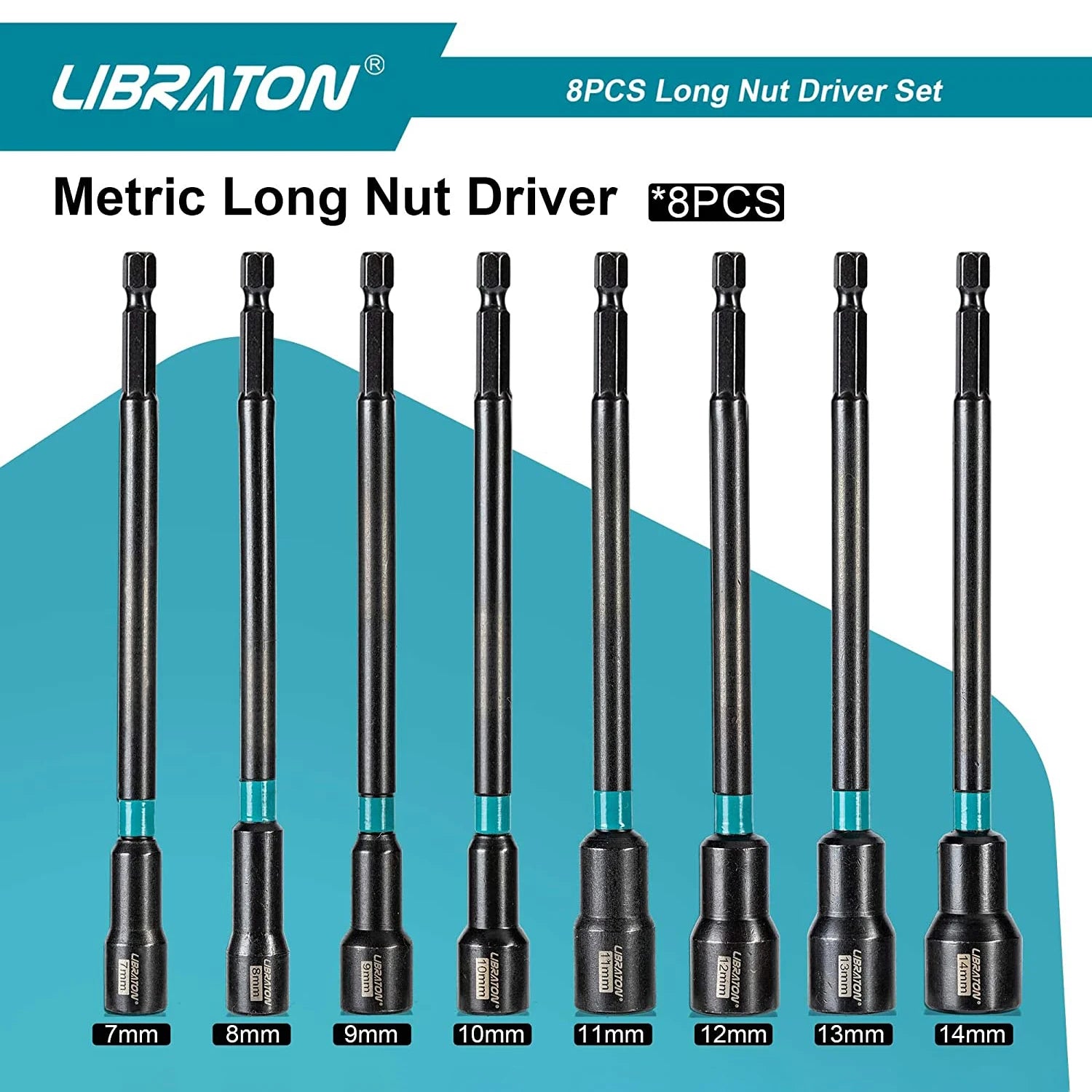 LIBRATON 8PCS Magnetic Nut Driver Set, Nut Drivers 6", Metric / SAE Nut Drivers, Shank Nut Driver Bits, 1/4"Hex Shank, Long Bits