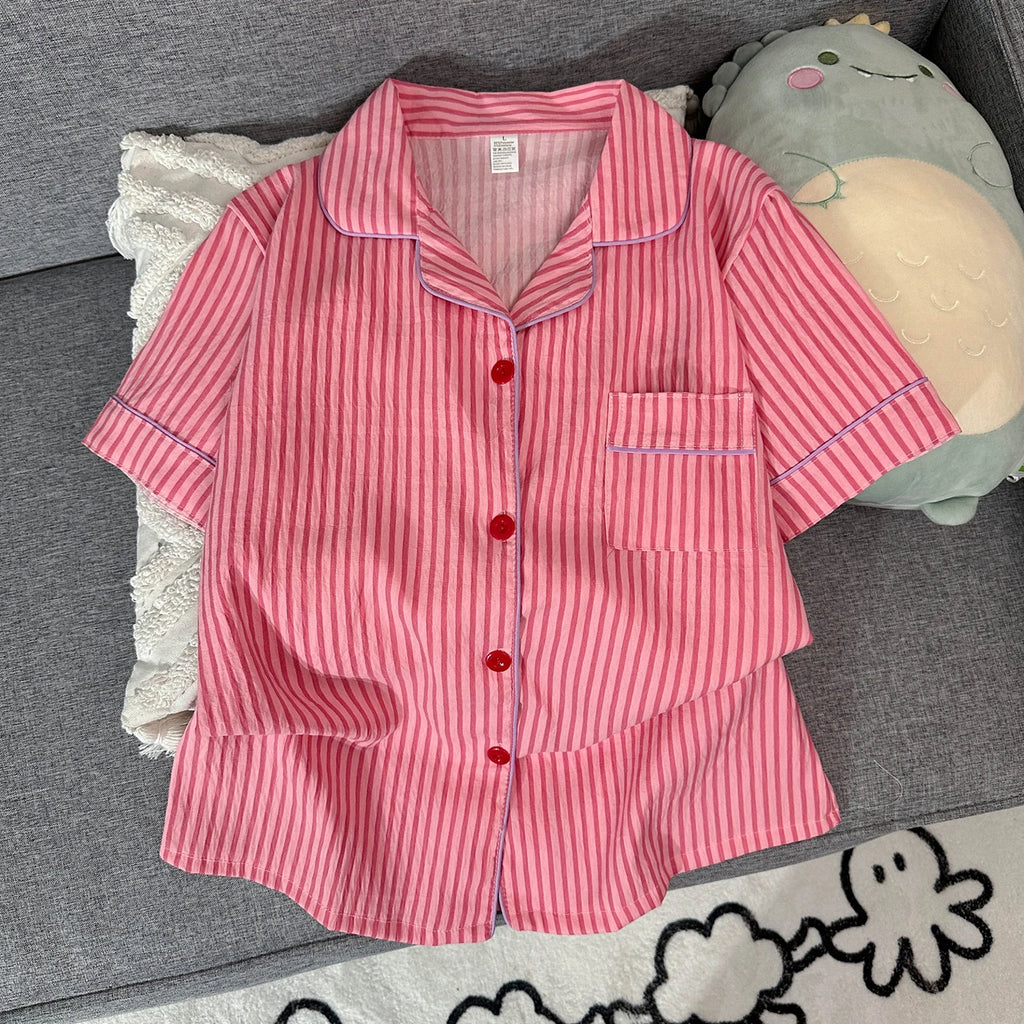 Women's Summer Pajamas, Thin Striped Pattern Short-Sleeved Shorts, Sweet and Cute, Can Be Worn Outside in Summer, Two-Piece Home Wear Set