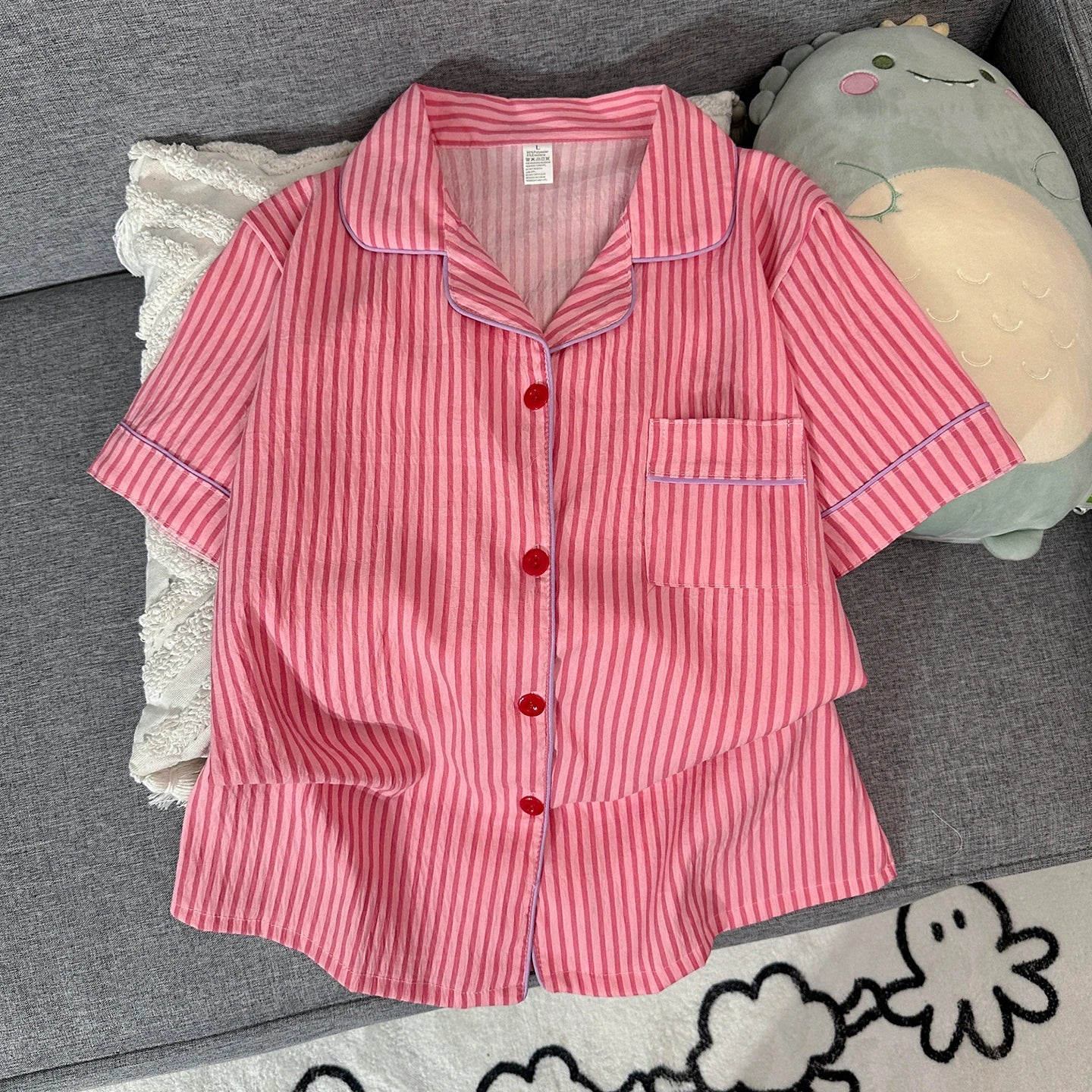 Women's Summer Pajamas, Thin Striped Pattern Short-Sleeved Shorts, Sweet and Cute, Can Be Worn Outside in Summer, Two-Piece Home Wear Set