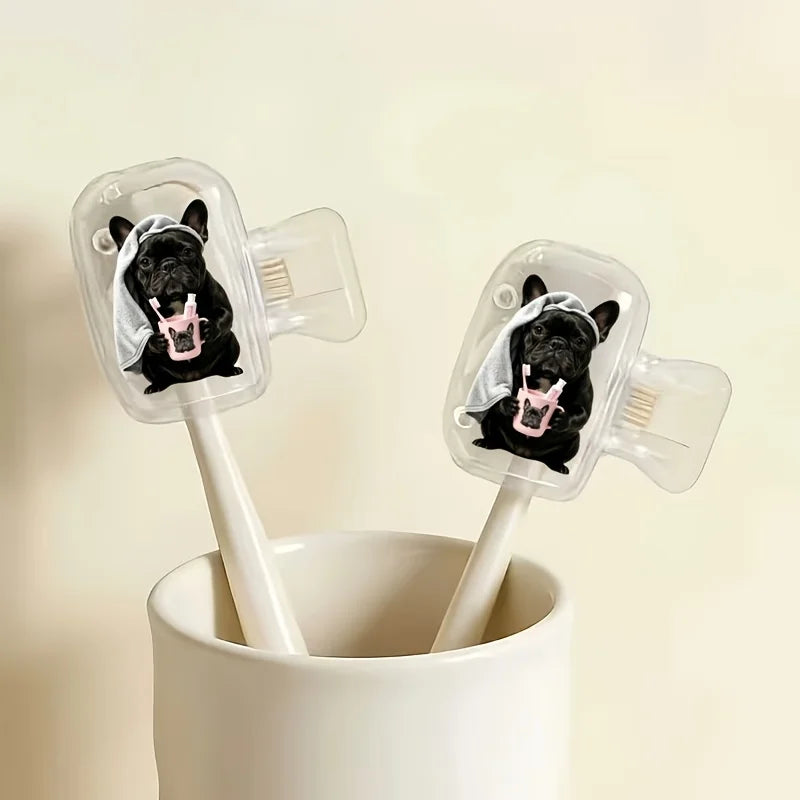 2pcs Cute French Bulldog Portable Toothbrush Head Cover Outdoor Trips Storage Box Daily Use Bathroom Accessory for Home Travel