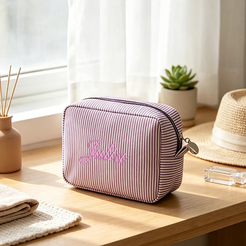 Customised Embroidery/Standard Style 2 Options, High-Look Striped Clutch, Large Capacity Makeup Bag, Back-to-School Season! Gift