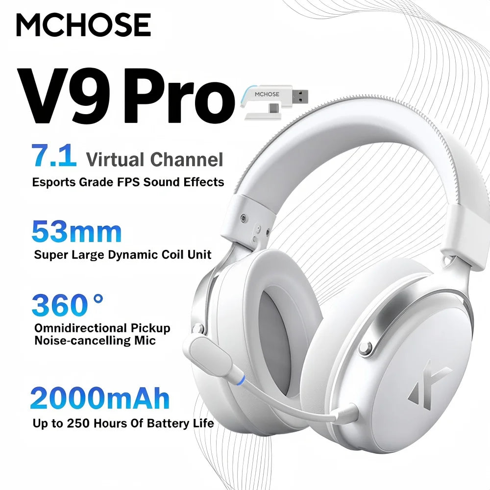 MCHOSE V9 Pro Wireless Headset 7.1 Surround Sound 53mm Gaming Headphones Noise Canceling Mic Low Latency Lightweight for PS5 PC SWITCH with Microphone