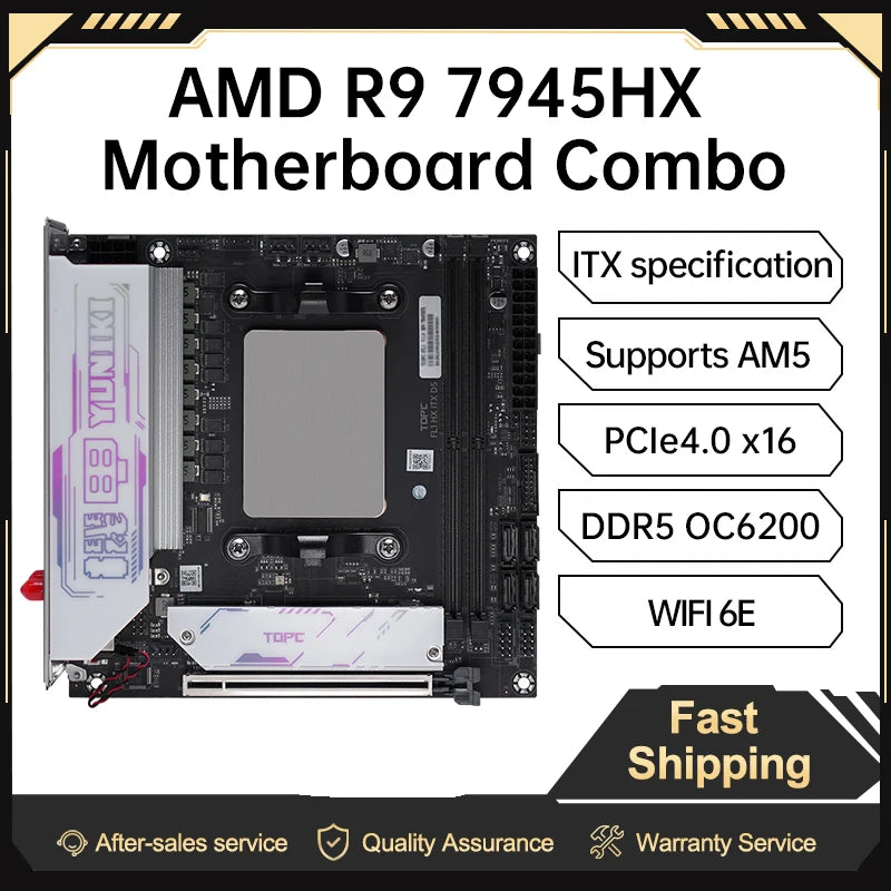 TOPC FL1 Mini ITX AM5 Motherboard Combo R5 7645HX R7 7745HX R9 8945HX 7945HX DDR5 6200 WiFi6E 2.5G LAN Gaming Mini PC NAS Render