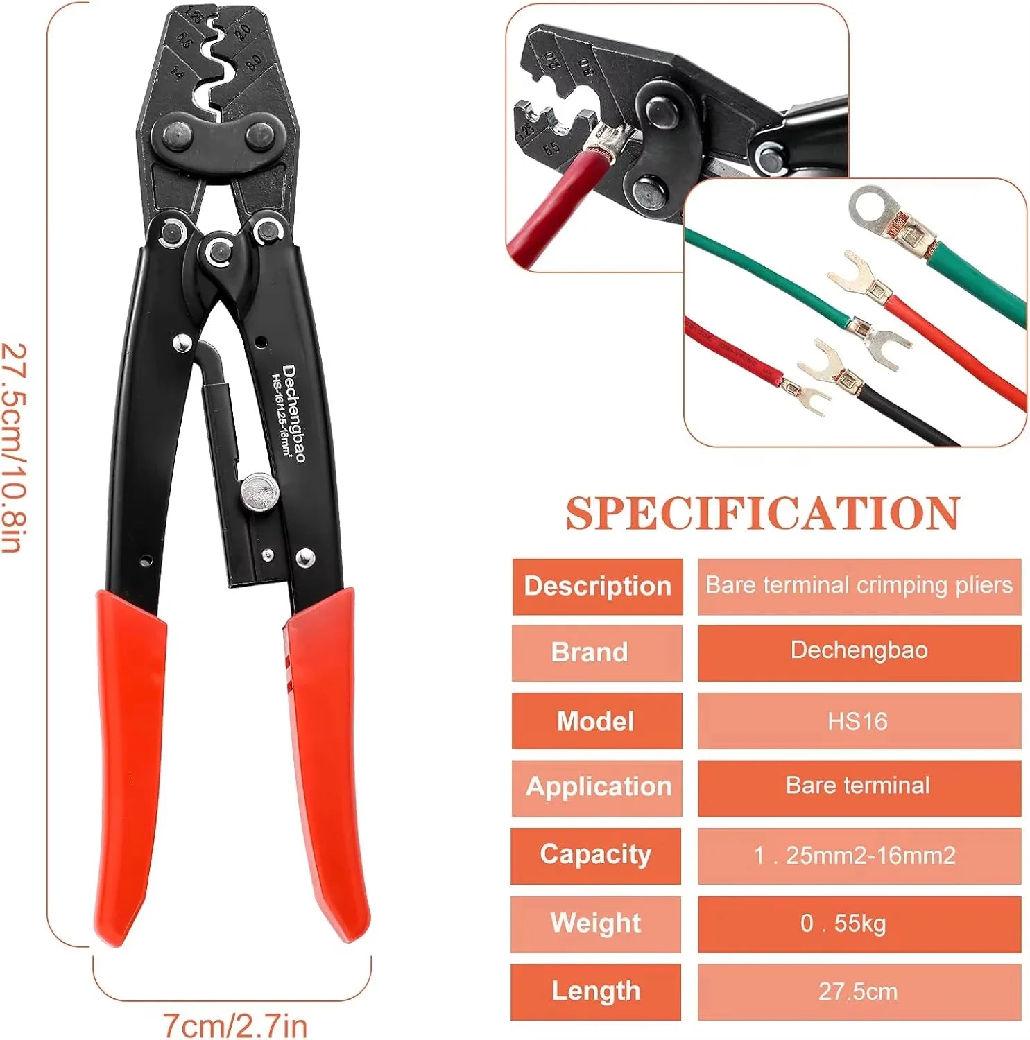 HS-16 Non-Insulated Terminals Crimper 1.25-16mm Easy Crimp Pliers Wire Connector Electrician Tool  SNB RNB SC UT OT