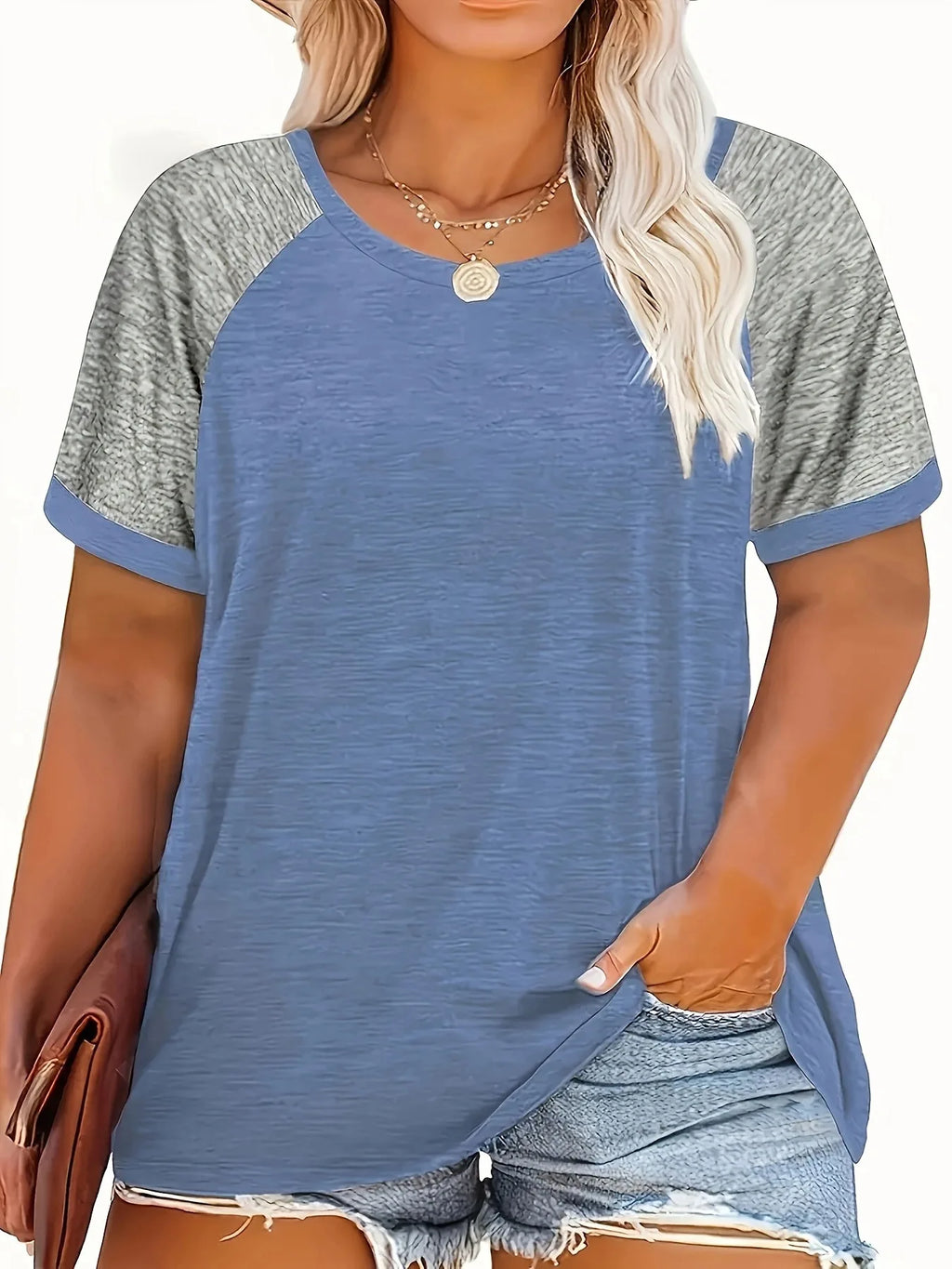 Popular women's clothing large size casual round neck color matching short-sleeved T-shirt top  Shirts Smooth Texture Shirt Soft