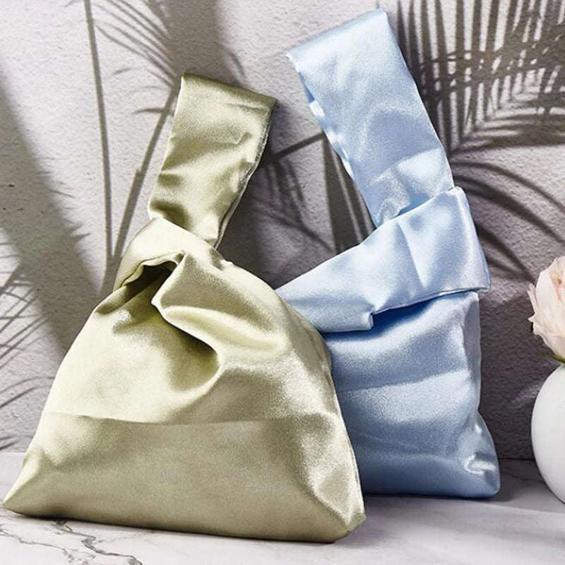 Women Wrist Bag Mini Knot Bag Vintage Silky Japanese Style Tote Bag Girl Key Phone Pouch Student Reusable Folding Shopping Bags