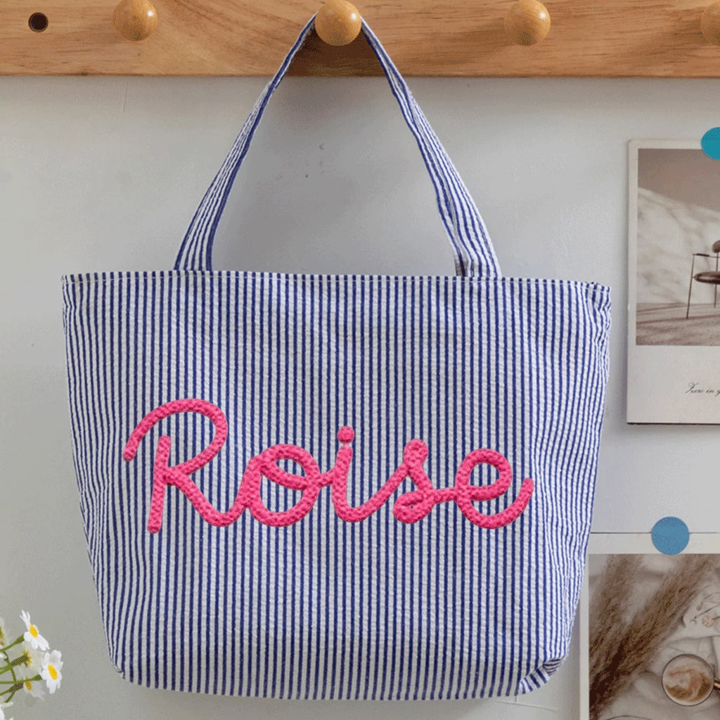 Custom Seersucker Cosmetic Handbag and Travel Organizer — Personalized Chenille Letter Toiletry Bag and Summer Beach Tote