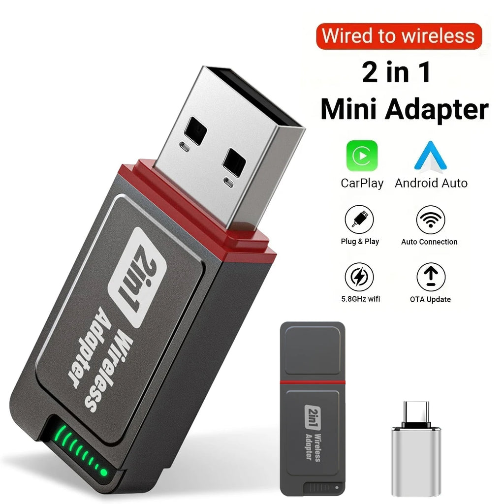 2-in-1 Wireless CarPlay Adapter for Apple CarPlay & Android Auto, Mini Bluetooth USB A & USB C Dongle Convert Wired to Wireless