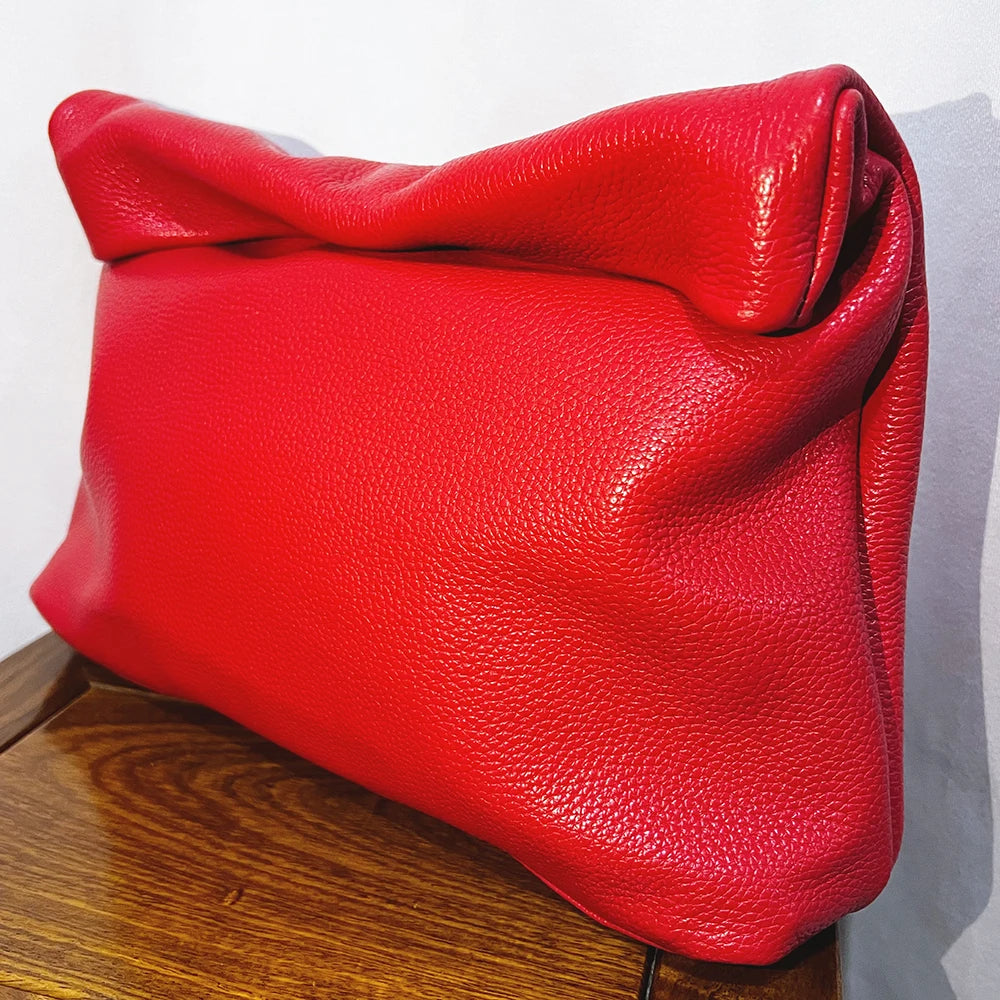 100% Genuine Leather Cowhide Handbag High Quality Leather Women's Foldable Designer Handbag Simple Magnet Handle Bags